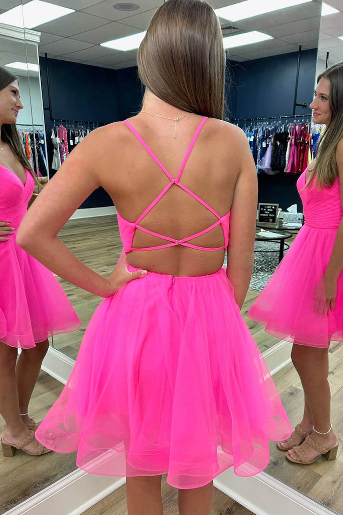 Luolandi A Line Spaghetti Straps V Neck Short Above Knee Tulle Homecoming Dress Hot Pink